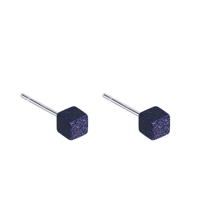 S925 Sterling Silver Star Blue Sandstone Square Stud Earrings-Jewearrings