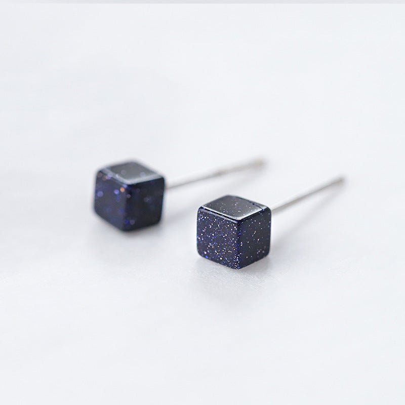 S925 Sterling Silver Star Blue Sandstone Square Stud Earrings-Jewearrings