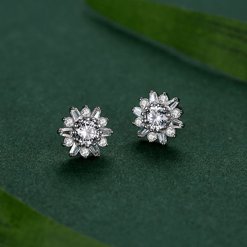 S925 Sterling Silver Sunflower Simulation Diamond Stud Earrings-Jewearrings