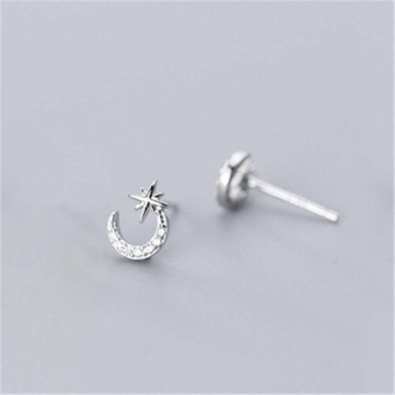 S925 Sterling Silver Super Fairy Moon Moon Star Diamond Stud Earrings-Jewearrings