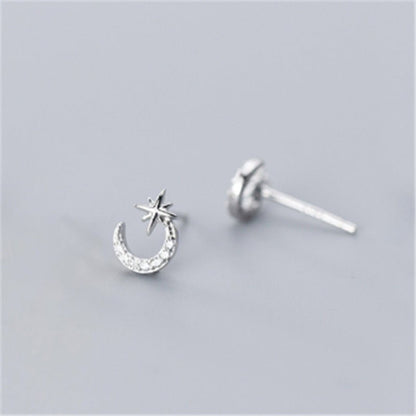 S925 Sterling Silver Super Fairy Moon Moon Star Diamond Stud Earrings-Jewearrings