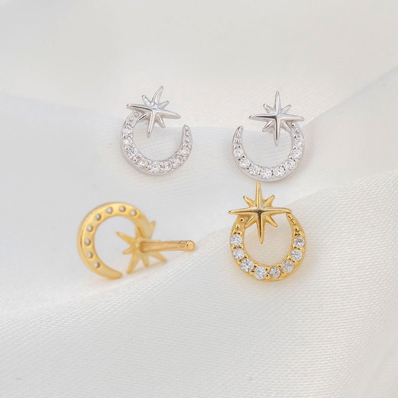 S925 Sterling Silver Super Fairy Moon Moon Star Diamond Stud Earrings-Jewearrings