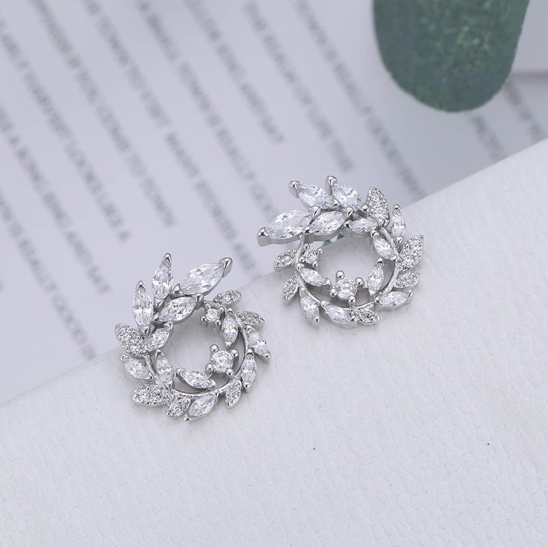 S925 Sterling Silver Temperament Branch Leaf Diamond Stud Earrings-Jewearrings