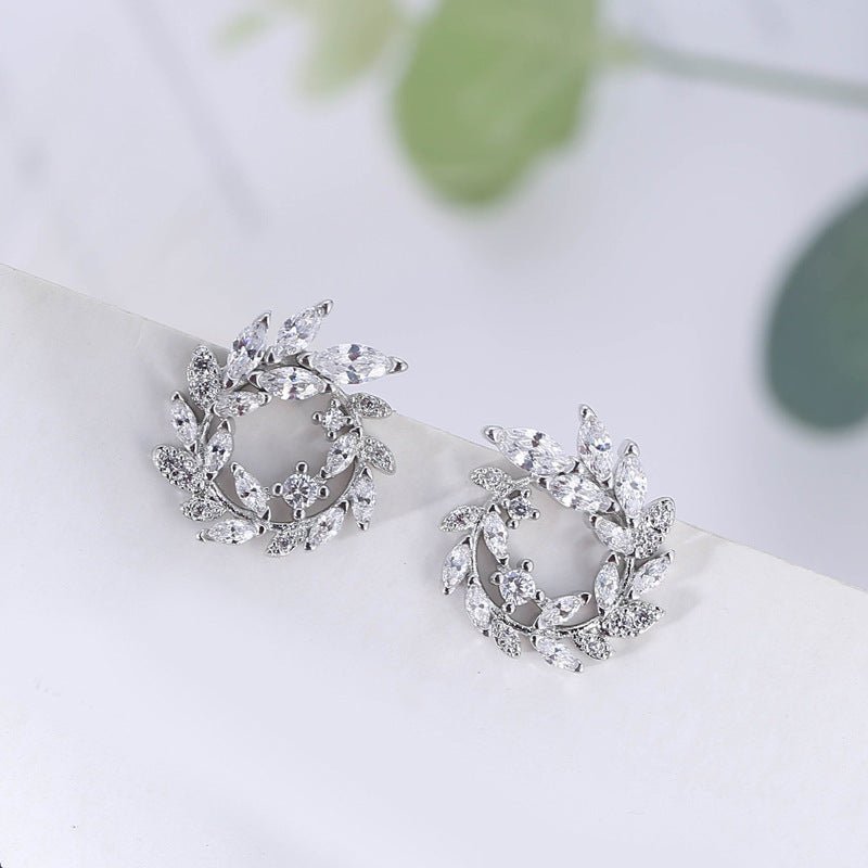 S925 Sterling Silver Temperament Branch Leaf Diamond Stud Earrings-Jewearrings