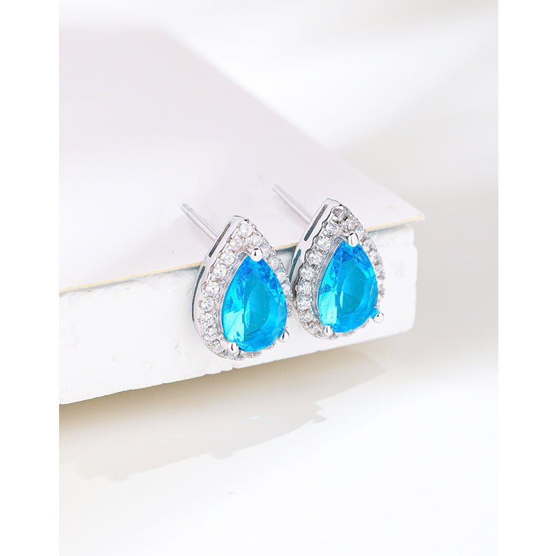 S925 Sterling Silver Water Drop Sea Blue Zirconium Stud Earrings Simple-Jewearrings