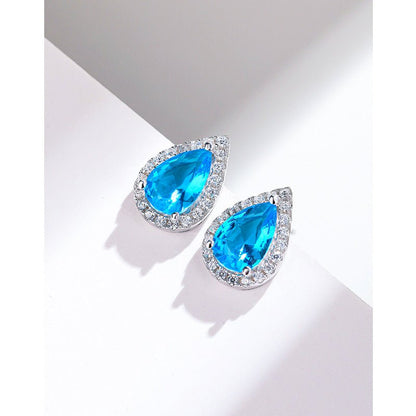 S925 Sterling Silver Water Drop Sea Blue Zirconium Stud Earrings Simple-Jewearrings