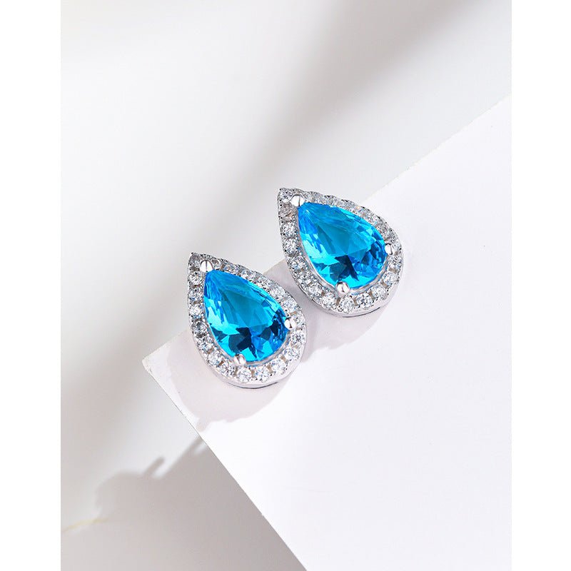 S925 Sterling Silver Water Drop Sea Blue Zirconium Stud Earrings Simple-Jewearrings