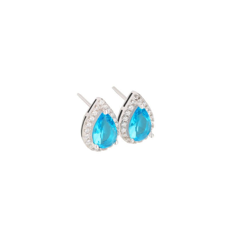 S925 Sterling Silver Water Drop Sea Blue Zirconium Stud Earrings Simple-Jewearrings