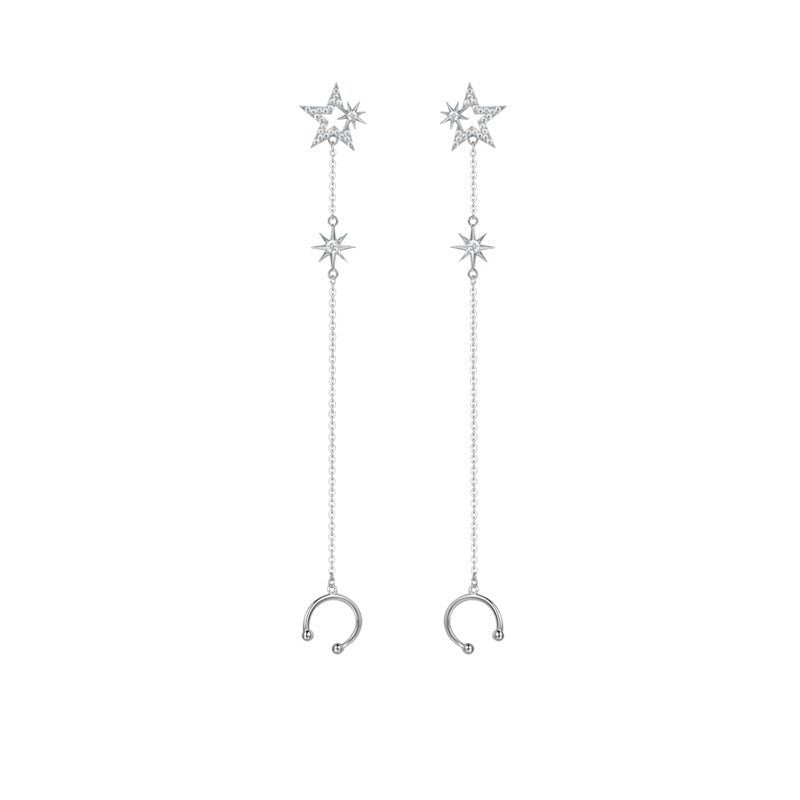 S925 Sterling Silver Women Fashion Tassel Star Zircon Long Earrings-Jewearrings