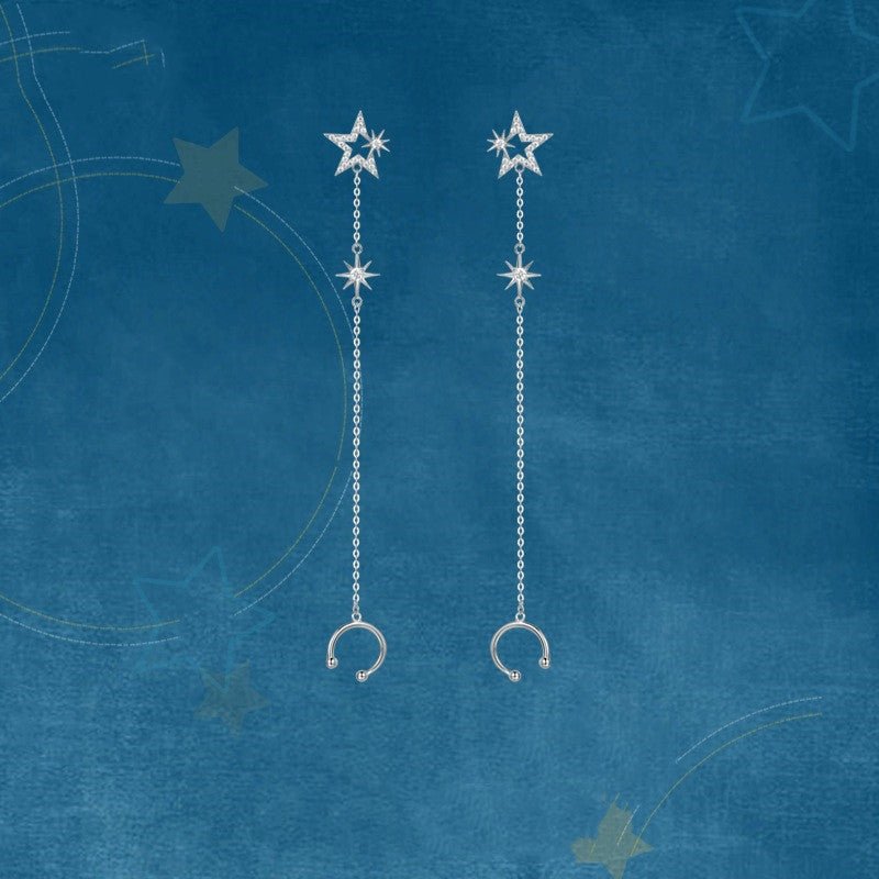 S925 Sterling Silver Women Fashion Tassel Star Zircon Long Earrings-Jewearrings