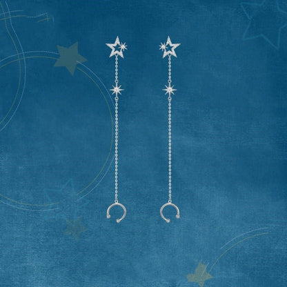 S925 Sterling Silver Women Fashion Tassel Star Zircon Long Earrings-Jewearrings