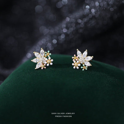 S999 Pure Silver Flower Stud Earrings For Women-Jewearrings