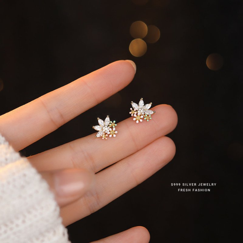 S999 Pure Silver Flower Stud Earrings For Women-Jewearrings