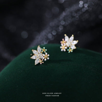 S999 Pure Silver Flower Stud Earrings For Women-Jewearrings