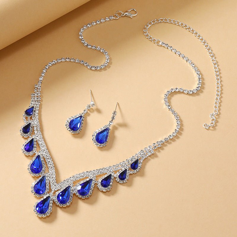 Sapphire Blue Crystal Clavicle Chain Two-piece Earrings Set-Jewearrings