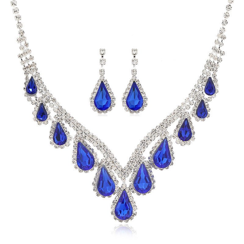 Sapphire Blue Crystal Clavicle Chain Two-piece Earrings Set-Jewearrings