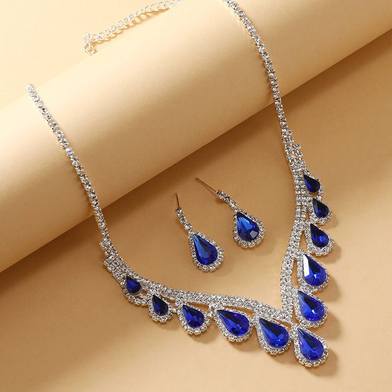 Sapphire Blue Crystal Clavicle Chain Two-piece Earrings Set-Jewearrings