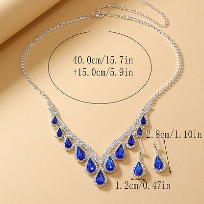 Sapphire Blue Crystal Clavicle Chain Two-piece Earrings Set-Jewearrings