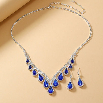 Sapphire Blue Crystal Clavicle Chain Two-piece Earrings Set-Jewearrings