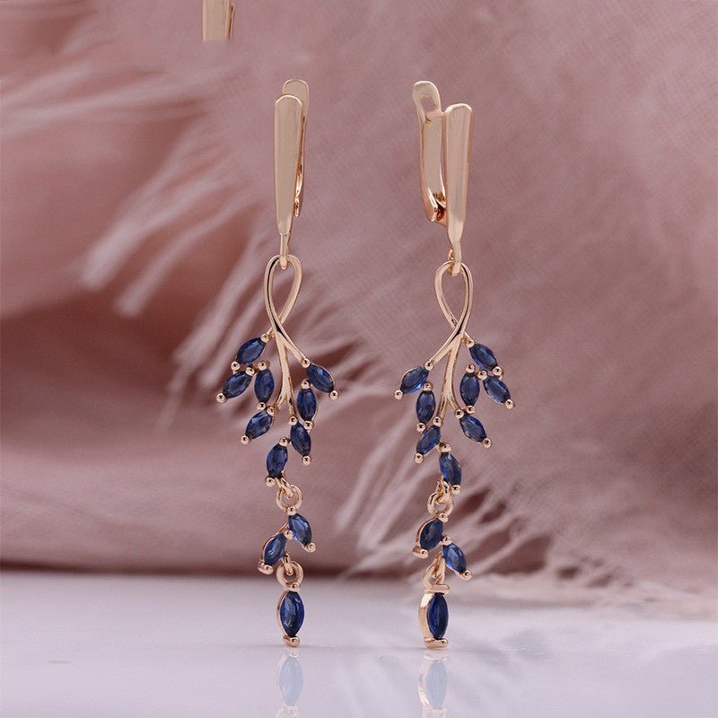 Sapphire Blue Zircon Leaf Earrings-Jewearrings