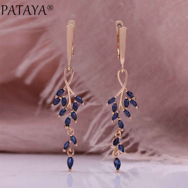 Sapphire Blue Zircon Leaf Earrings-Jewearrings