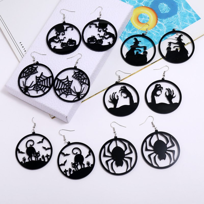 Scary Spider Pumpkin Witch Black Cat Round Acrylic Halloween Earrings-Jewearrings