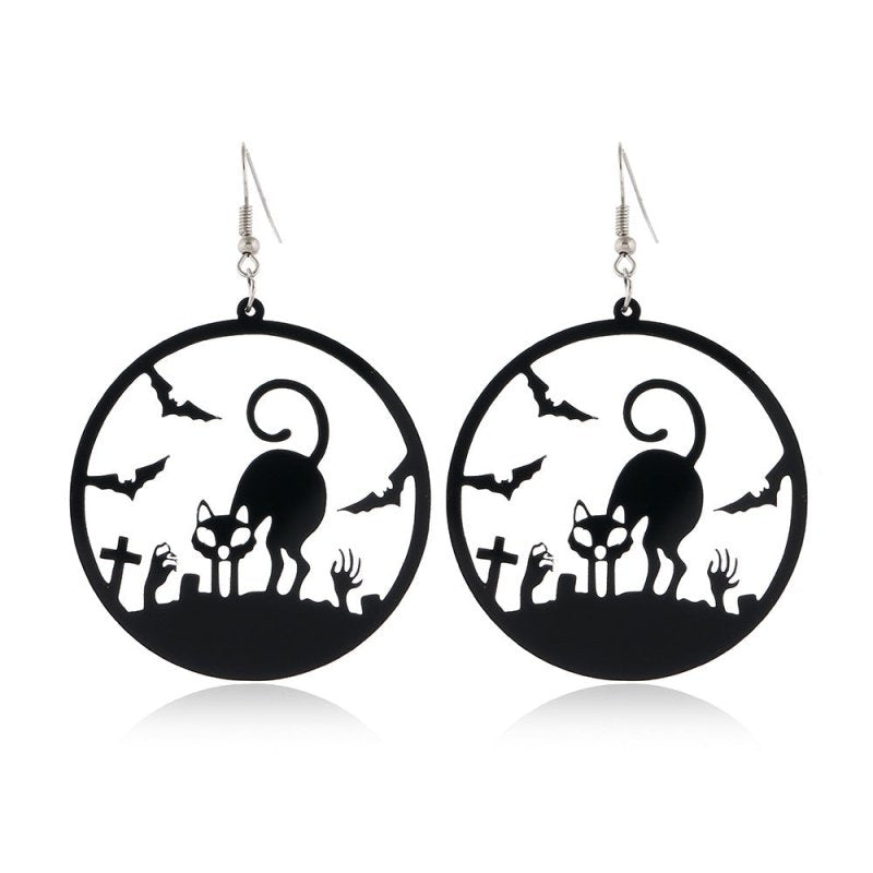 Scary Spider Pumpkin Witch Black Cat Round Acrylic Halloween Earrings-Jewearrings