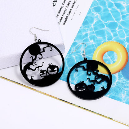 Scary Spider Pumpkin Witch Black Cat Round Acrylic Halloween Earrings-Jewearrings