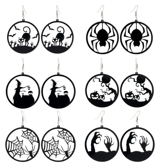 Scary Spider Pumpkin Witch Black Cat Round Acrylic Halloween Earrings-Jewearrings