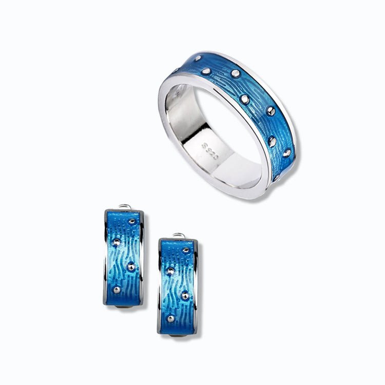 Sea Blue Textured Polka Dot Plated Platinum Female Ring Earrings-Jewearrings