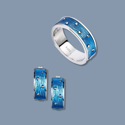 Sea Blue Textured Polka Dot Plated Platinum Female Ring Earrings-Jewearrings