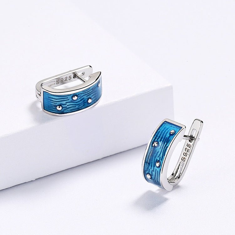 Sea Blue Textured Polka Dot Plated Platinum Female Ring Earrings-Jewearrings