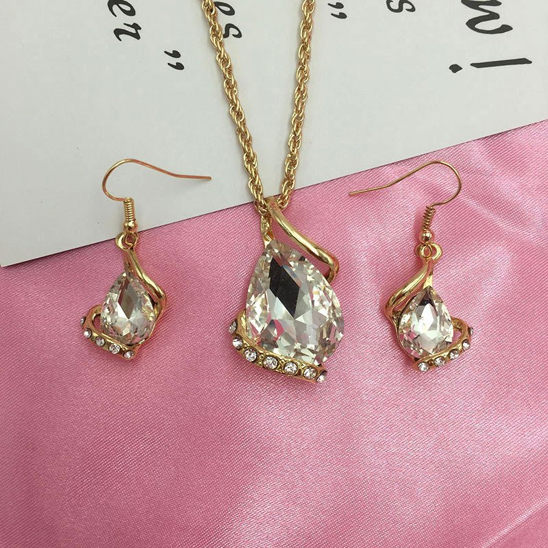 Set Jewelry Women's Luxury Water Drop Austrian Crystal Zircon Earrings Necklace-Jewearrings