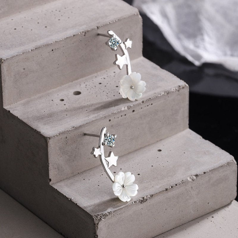 Shell Flower Stud Earrings Diamond Stars-Jewearrings