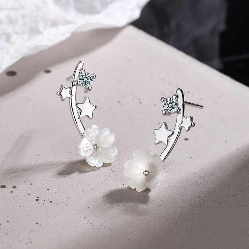 Shell Flower Stud Earrings Diamond Stars-Jewearrings