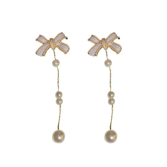 Shimmering Pearl Bow Earrings - Korean Tassel Design-Jewearrings