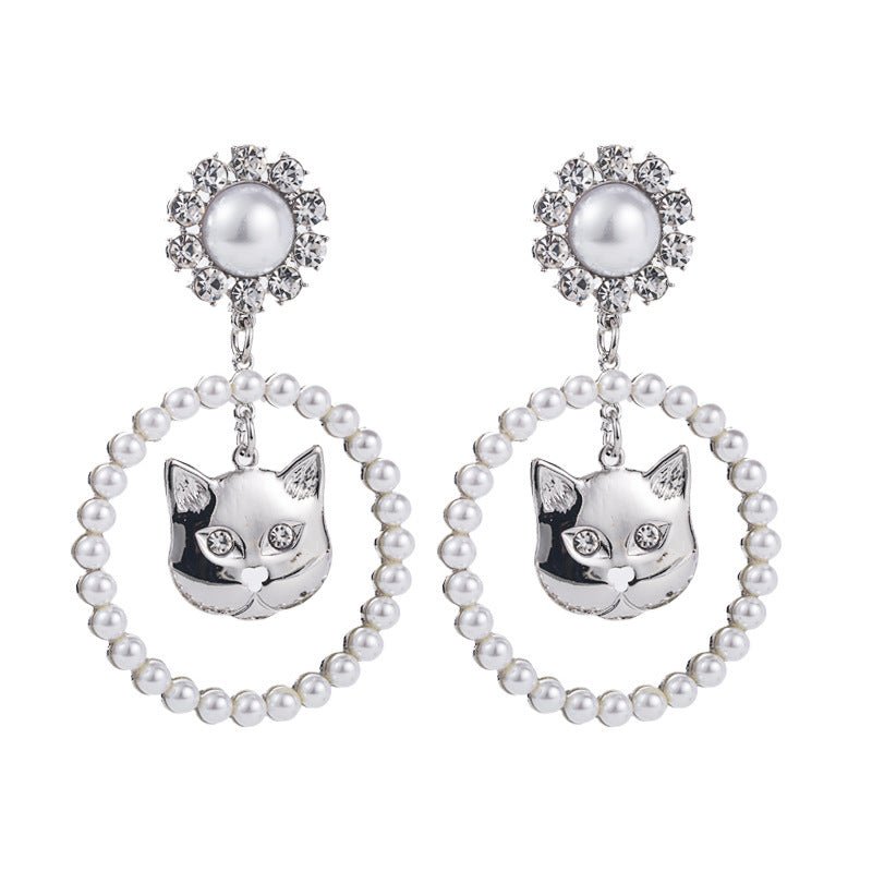 Shiny Alloy Diamond-studded Cat Head Ring Pearl Earrings Women's Trend Light Luxury High-end-Jewearrings