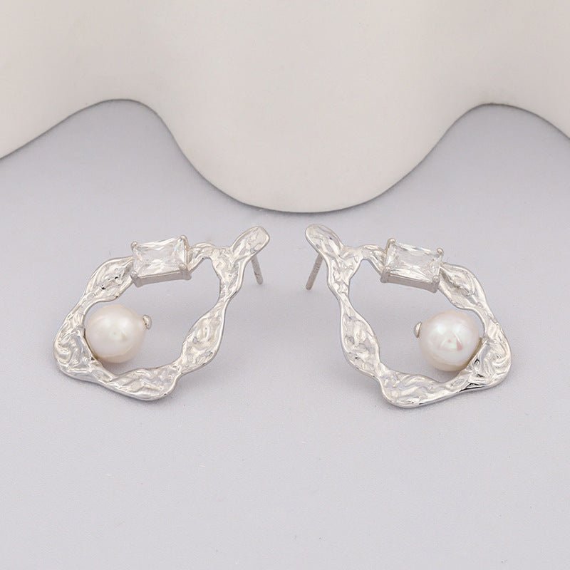 Silver Baroque Pearl Stud Earrings Women Irregular-Jewearrings