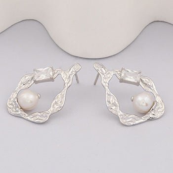 Silver Baroque Pearl Stud Earrings Women Irregular-Jewearrings