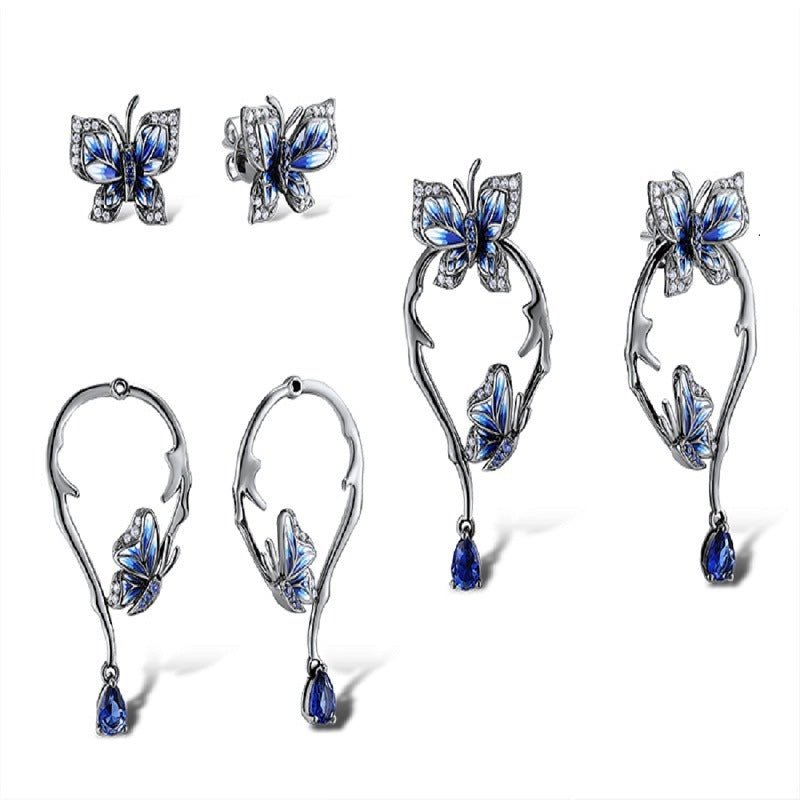 Silver Colour Earrings For Women Genuine Blue Butterfly-Jewearrings