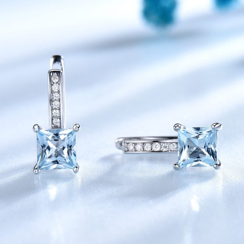 Silver Earrings Simple Square Sky Blue Topaz Earrings-Jewearrings