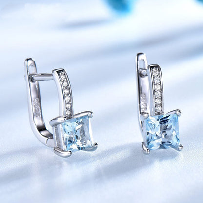 Silver Earrings Simple Square Sky Blue Topaz Earrings-Jewearrings