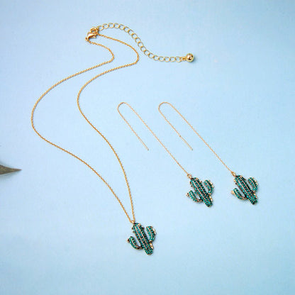 Silver long cactus earrings pendant necklace-Jewearrings