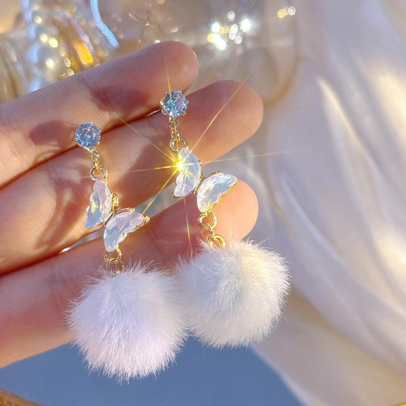 Silver Needle Autumn And Winter Diamond Long Butterfly Fur Ball Tassel Ear Sweet Earrings-Jewearrings