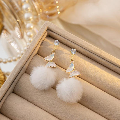 Silver Needle Autumn And Winter Diamond Long Butterfly Fur Ball Tassel Ear Sweet Earrings-Jewearrings