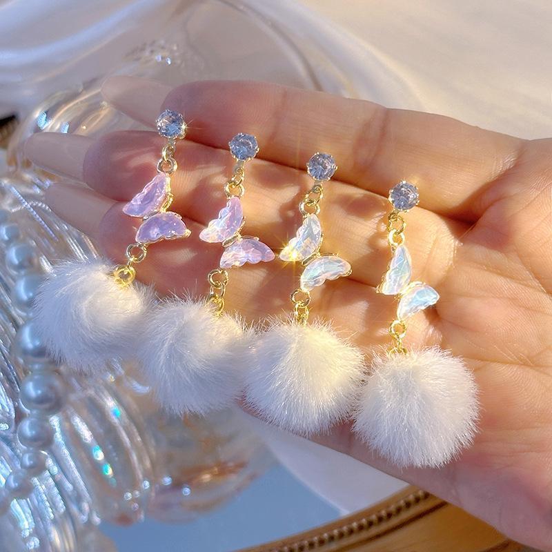 Silver Needle Autumn And Winter Diamond Long Butterfly Fur Ball Tassel Ear Sweet Earrings-Jewearrings