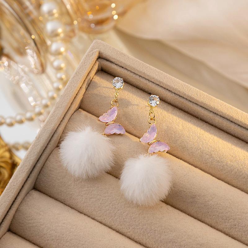 Silver Needle Autumn And Winter Diamond Long Butterfly Fur Ball Tassel Ear Sweet Earrings-Jewearrings