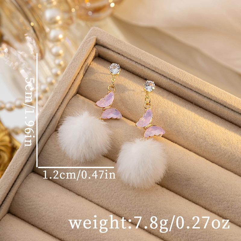 Silver Needle Autumn And Winter Diamond Long Butterfly Fur Ball Tassel Ear Sweet Earrings-Jewearrings