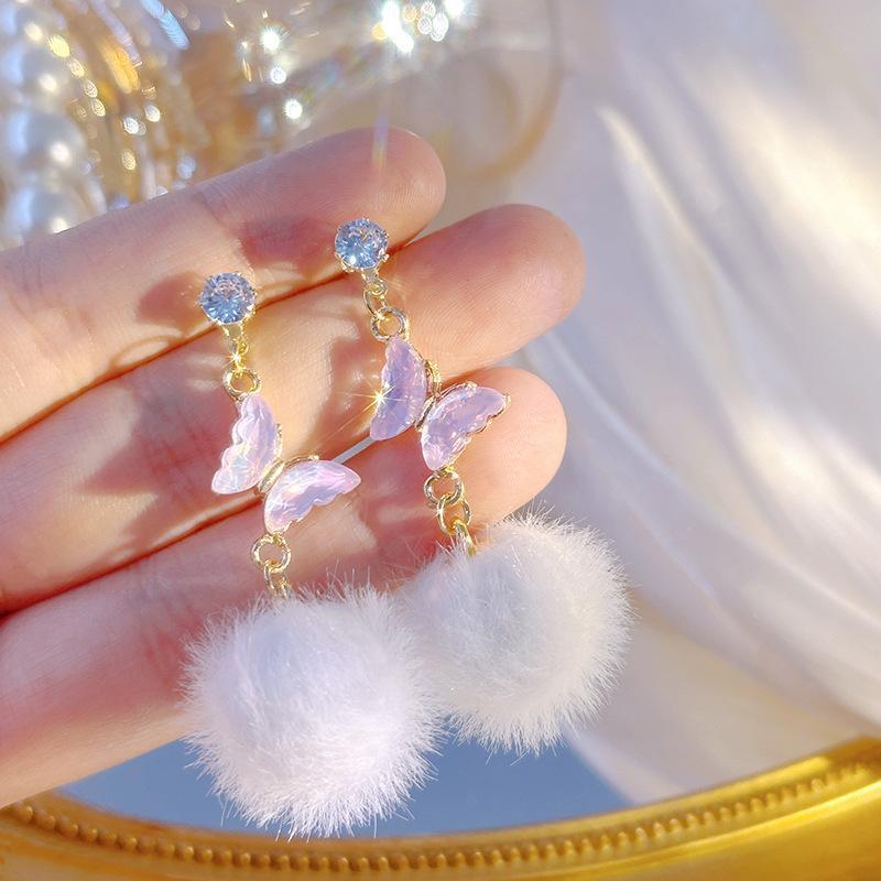 Silver Needle Autumn And Winter Diamond Long Butterfly Fur Ball Tassel Ear Sweet Earrings-Jewearrings