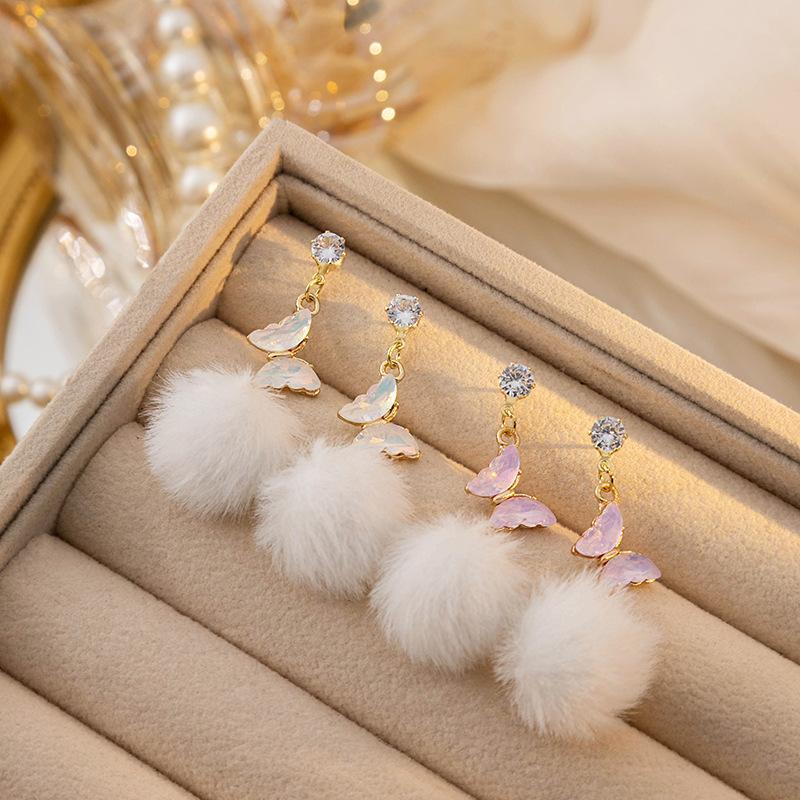 Silver Needle Autumn And Winter Diamond Long Butterfly Fur Ball Tassel Ear Sweet Earrings-Jewearrings